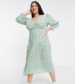 puff sleeve pleated midaxi dress in green geo print-Multi