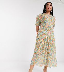 puff sleeve sheer tiered trapeze maxi dress in yellow floral print-Multi