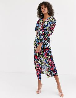 wrap front tie front blouse in neon floral print-Cream