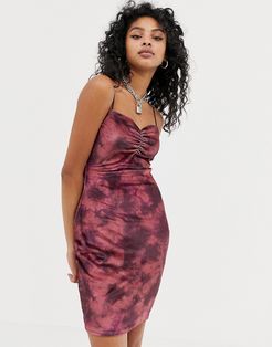 cami bodycon dress in tie dye velvet-Red