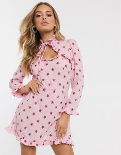 long sleeve tea dress with cup detail in metallic star print-Pink