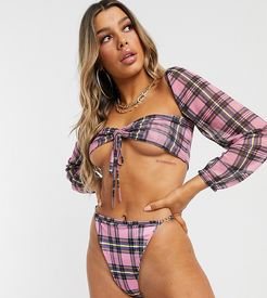 mesh beach top with ruching detail in pink plaid-Multi