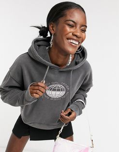 oversized hoodie with diamante fron logo and back graphic in washed gray-Grey