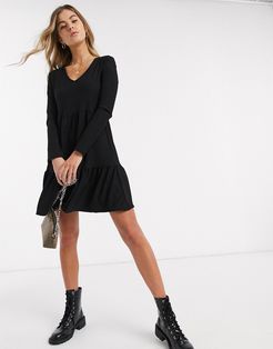crinkle long sleeve smock dress in black