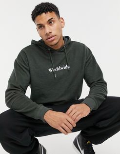 embroidered worldwide fleece hoodie in khaki-Green