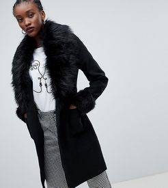 Faux Fur Trim Coat-Black