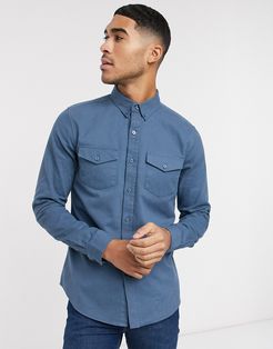 long sleeve double pocket twill shirt in blue-Blues