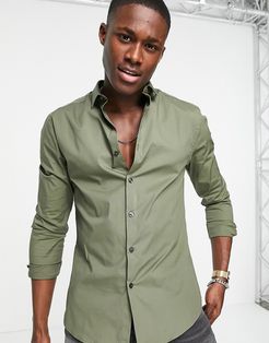 long sleeve muscle fit poplin shirt in khaki-Green