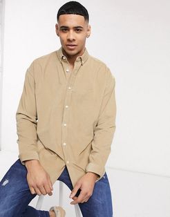 long sleeve oversized cord shirt in stone-Neutral
