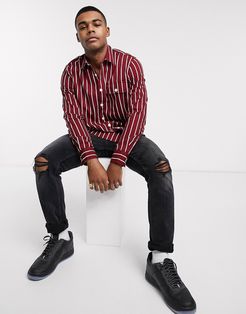 long sleeve twill stripe shacket in burgundy-Red