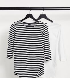 2 pack 3/4 sleeve top in white & stripe-Multi