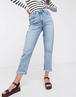 mom jeans with rips in light blue-Blues