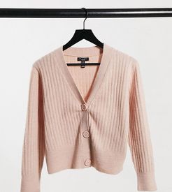 ribbed button through cardigan in black-Pink