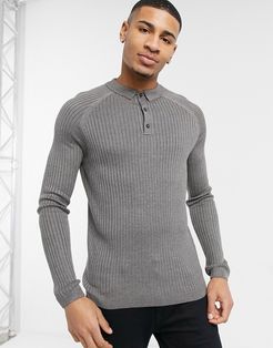 ribbed muscle fit long sleeve polo in gray-Grey