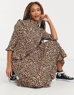 ruffle shoulder midi dress in brown animal pattern-Multi