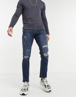 slim jeans with rips in dark blue wash-Blues