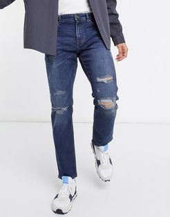 slim jeans with rips in mid blue-Blues
