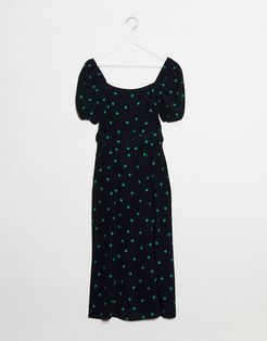 square neck belted midi dress in polka dot-Black