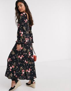 square neck puff sleve midaxi dress in dark based floral-Multi