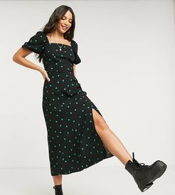 puff sleeve midi dress with square neck in mono polka dot-Black