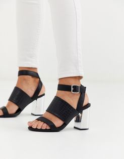 thick strap detail low metallic block heel in black