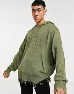 distressed hooded sweater in khaki-Green