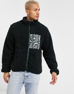 sherpa jacket with paisley pocket in black