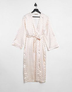 heart print satin robe in cream and red-Multi