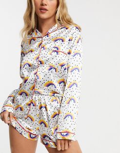 satin pajama shorts set with rainbow print in white