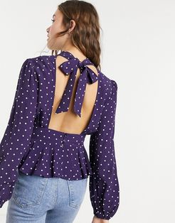 backless plunge blouse with tie neck in dot print-Blue