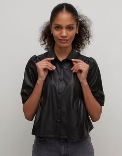 blouse with puff sleeves in faux leather-Black