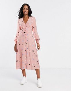 button front midi dress in star print-Pink