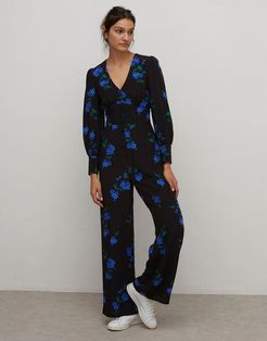 button front tea jumpsuit in deep blue floral print