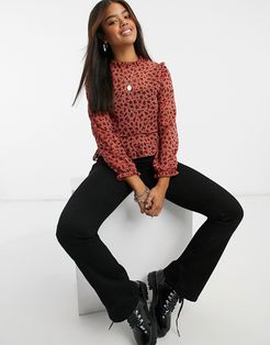 high neck blouse with ruffle trims in ditsy floral-Red