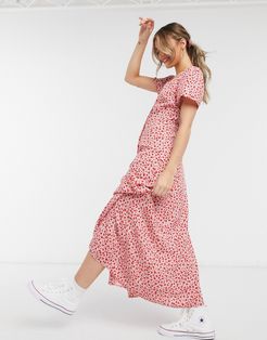 midi dress with buttons in ditsy rose print-Pink