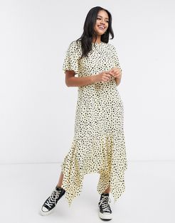 midi dress with frill hem in scattered polka dot-Yellow