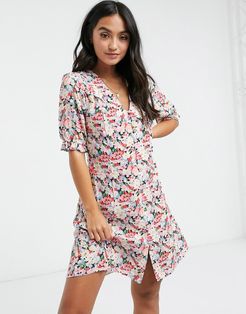 mini dress with buttons in clustered flower print-Multi