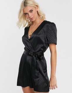 mini wrap romper in dot jacquard satin-Black