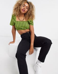 crop top with puff sleeve in green check-Black