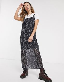 grunge maxi dress in mesh with floral print-Black