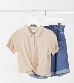 cropped polo shirt with twist front in camel-Neutral