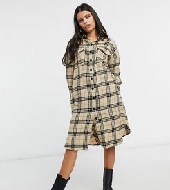 longline shirt dress in camel plaid-Multi