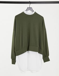 sweater with shirt trim in khaki-Green
