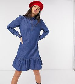 denim dress with peplum and high neck in blue