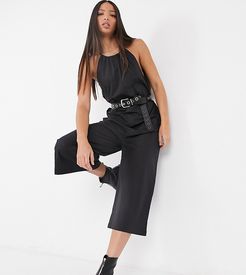 halterneck poplin jumpsuit in black