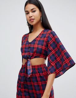 Tie Front Check Crop Top-Multi