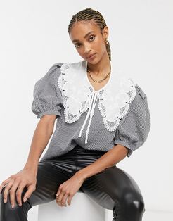 blouse with oversized collar and puff sleeves in gingham check-Multi