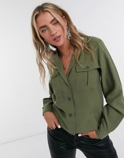 cropped blazer two-piece with utility pockets in burnt olive-Green