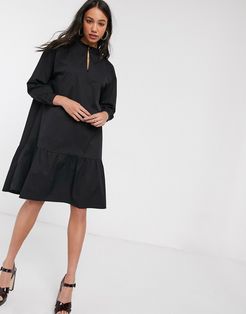 high neck tiered midi smock dress in black