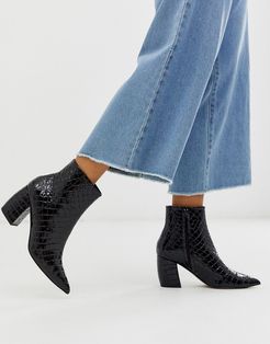 aloud pointed block heel ankle boots in black croc